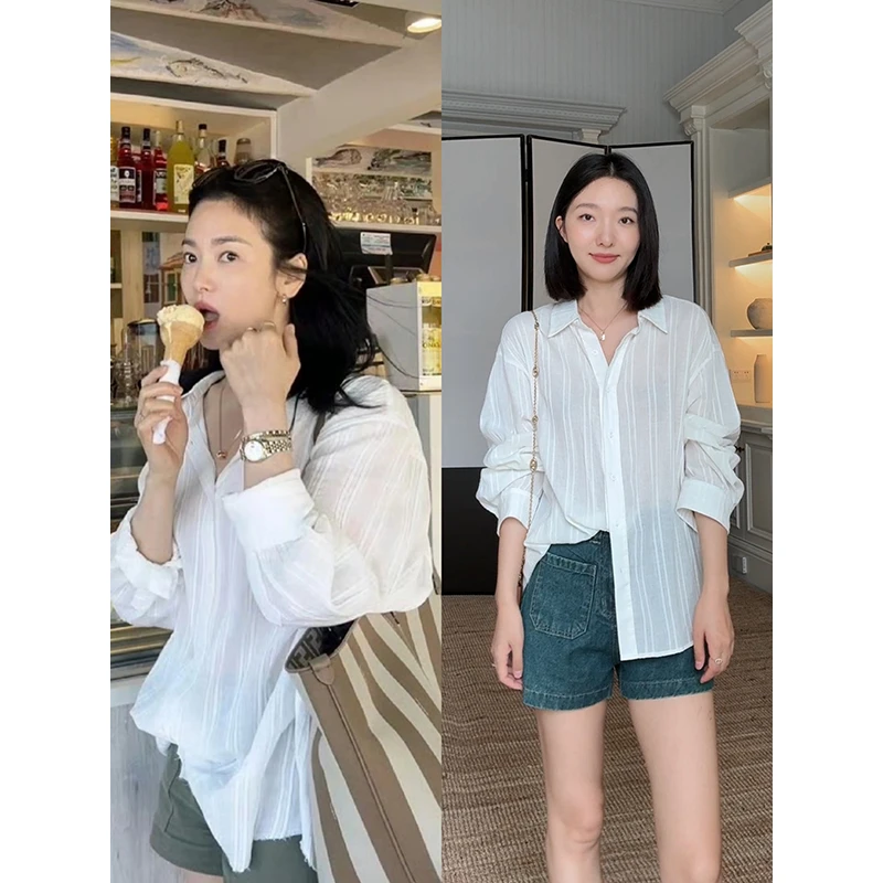 郭九九呢 纯棉轻薄透感条纹宽松衬衫复古显瘦牛仔短裤 G924C09440