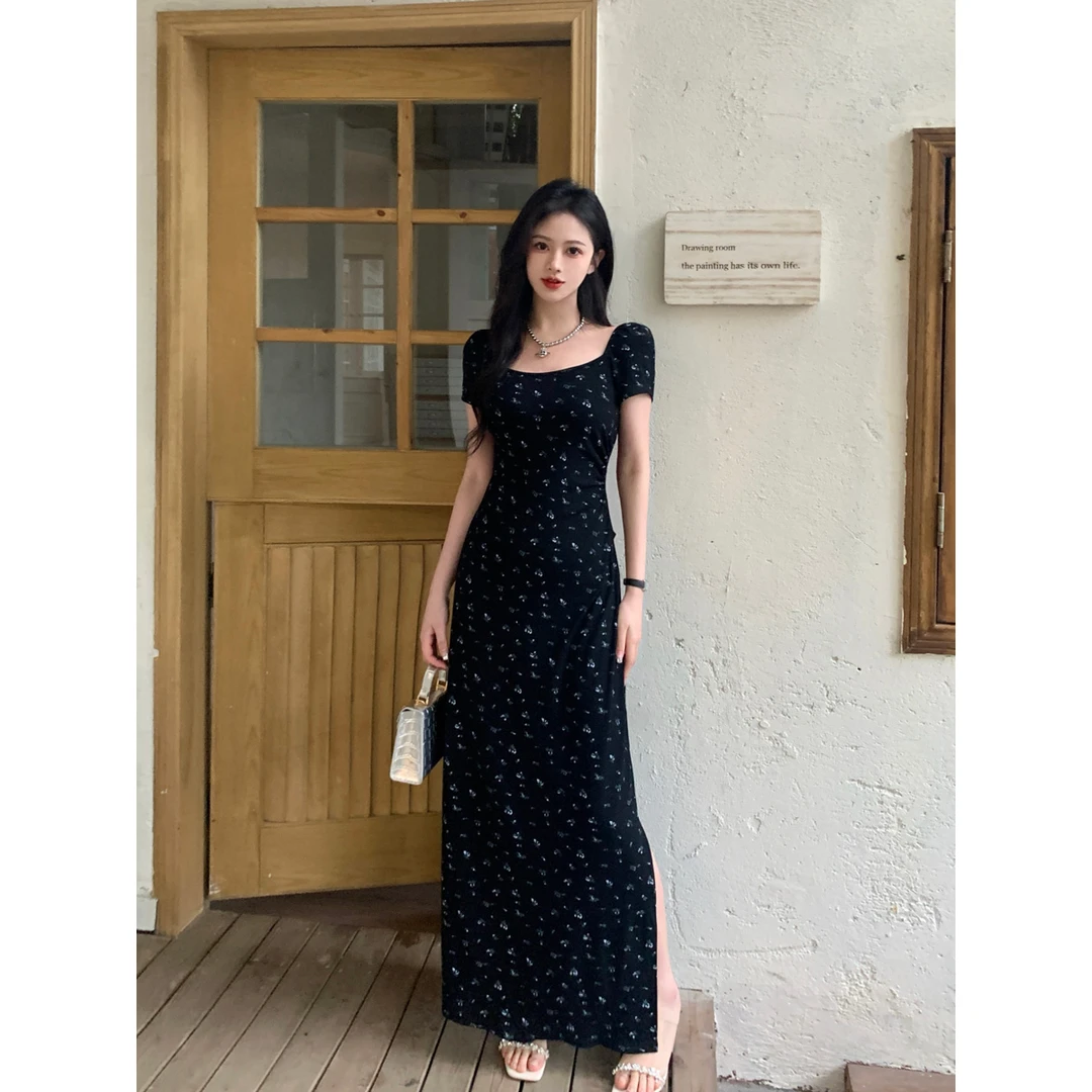 夏季大码女装法式碎花连衣裙女胖mm新款垂坠感开叉包臀吊带长裙