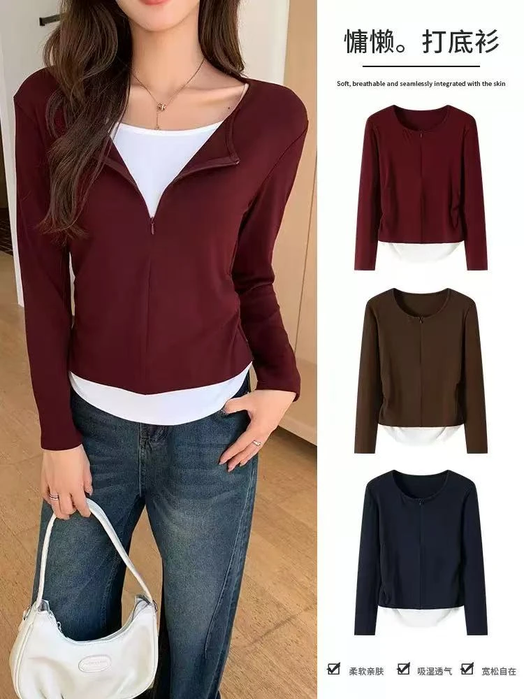 甜美清新纯色显瘦T恤百搭时尚透气圆领短款长袖修身型气质柔软