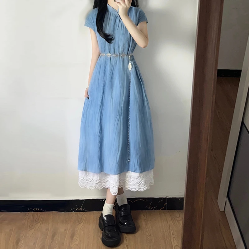 3385蓝色新中式国风连衣裙子早春新款旗袍简单大方得体气质长裙