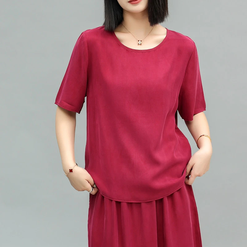 搭配裙子的上衣~新款重磅真铜氨丝宽松圆领百搭薄款短袖女士t恤夏
