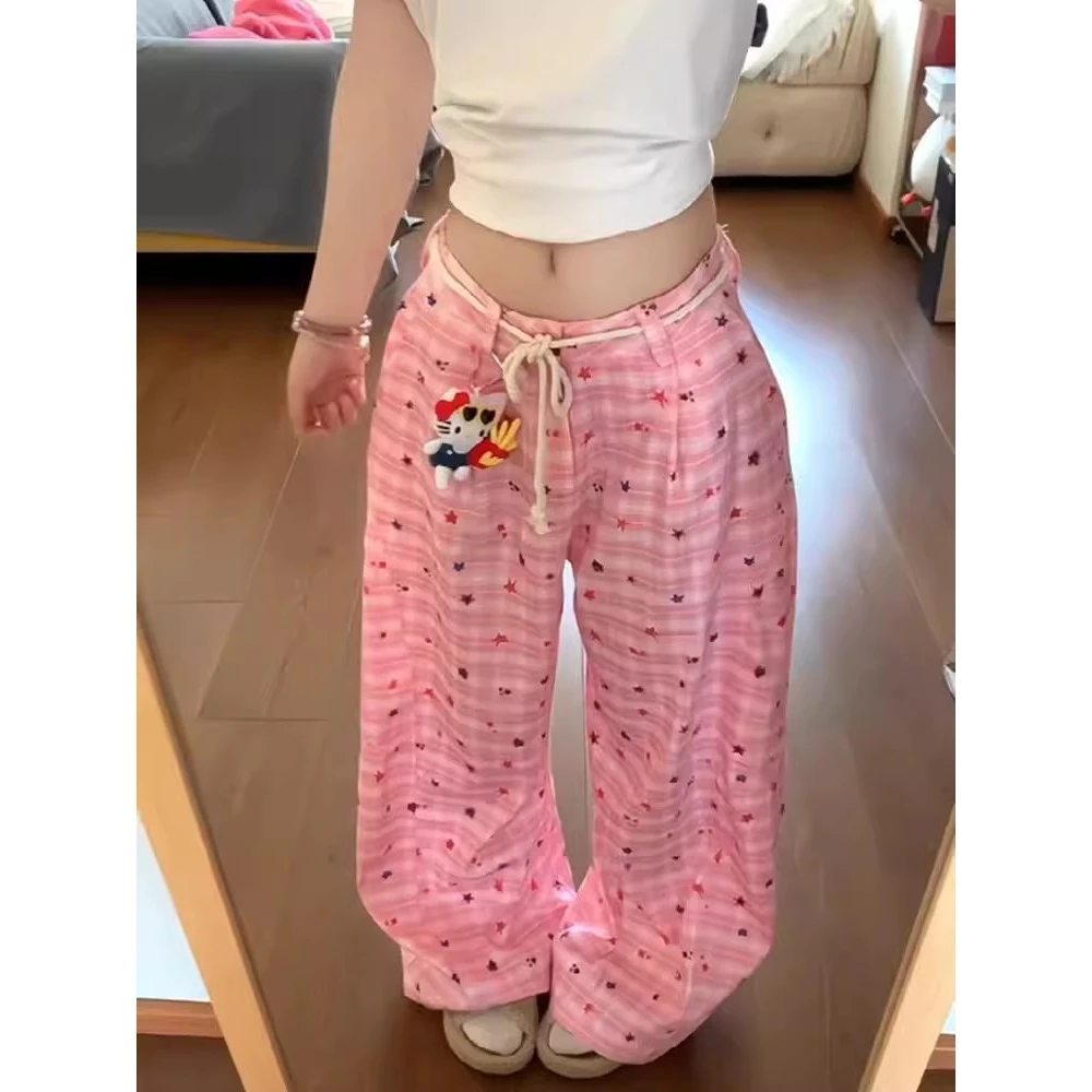 甜酷多巴胺星星格纹长裤睡裤女夏季新款松紧腰休闲裤居家裤可外穿