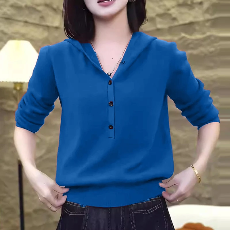 时尚设计感长袖连帽针织衫女2025年春秋新款洋气百搭休闲打底上衣