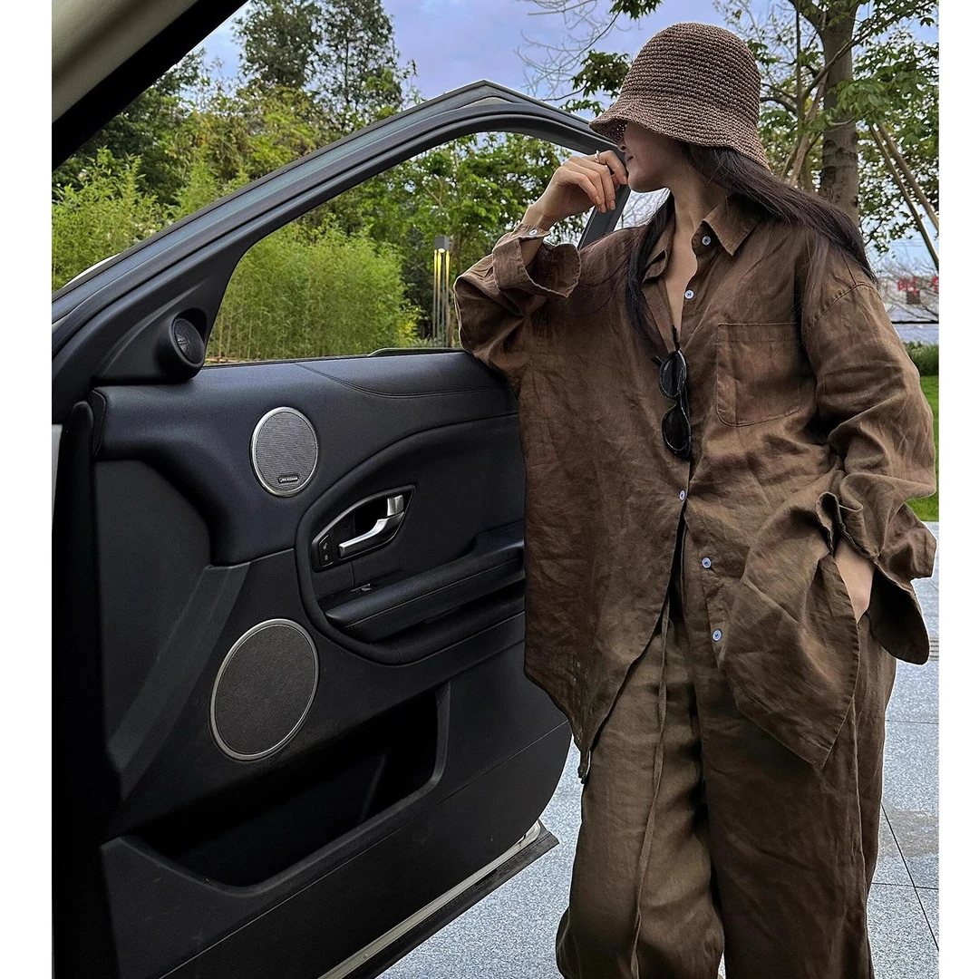 复古老钱风亚麻套装女夏季慵懒时尚高端棉麻咖色衬衫休闲裤两件套