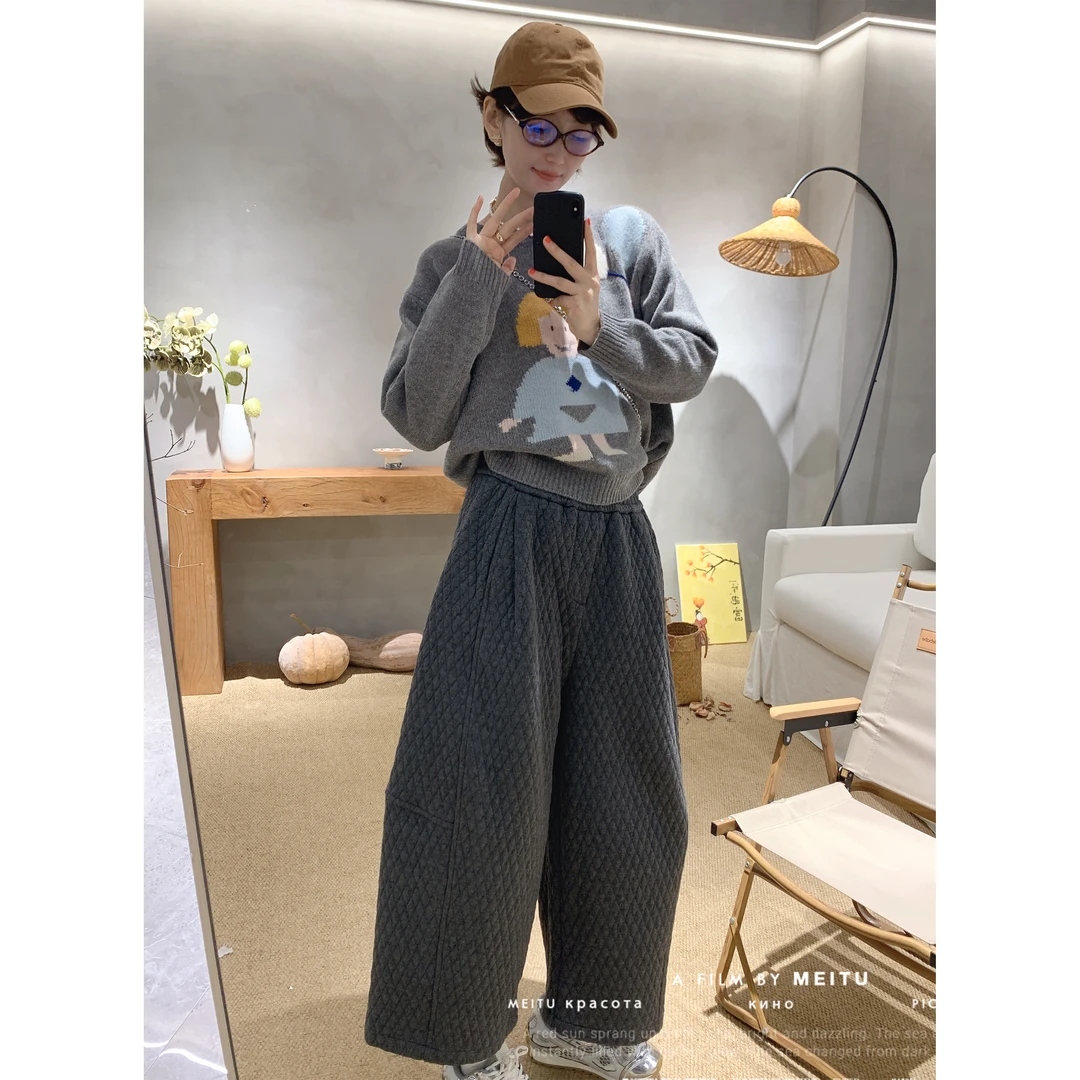 【骆小姐私服】高级感菱形格九分阔腿裤2025新款高腰百搭保暖休闲裤