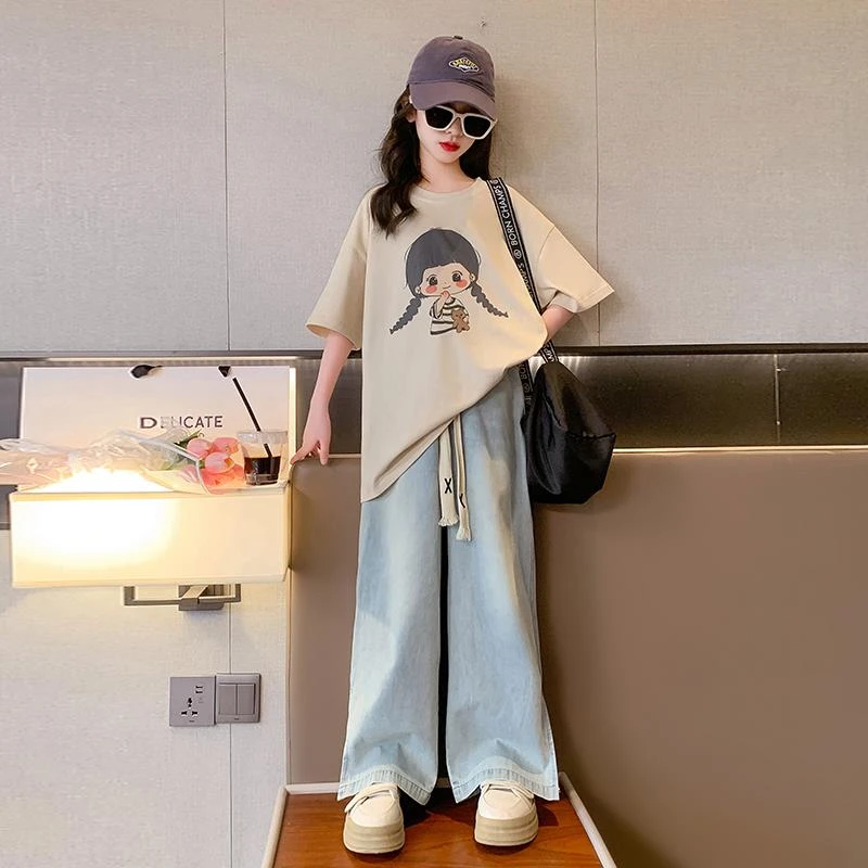 女童短袖t恤2025新款套装儿童洋气宽松棉质夏装牛仔阔腿裤两件套