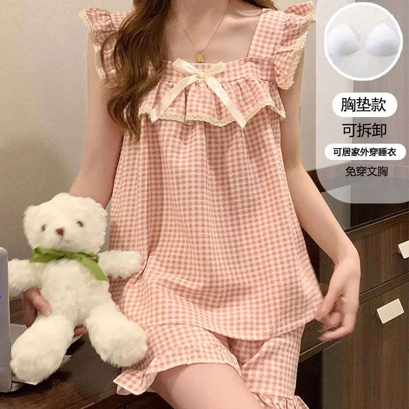 【星】带胸垫小飞袖背心睡衣女夏季甜美可外穿格子家居服套装4058