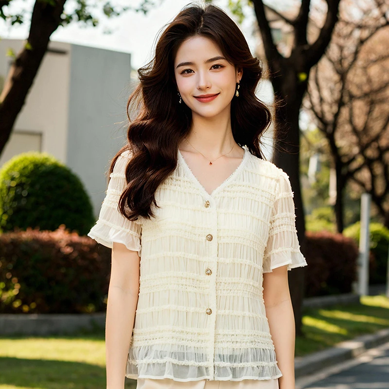 奢姿大码女装2025夏季法式小众蕾丝拼接衬衫胖妹妹气质V领上衣