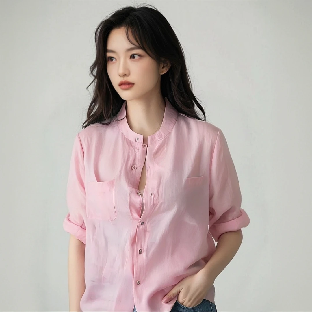洋气宽松百搭显瘦气质纯色苎麻衬衫简约时尚中袖衬衣女