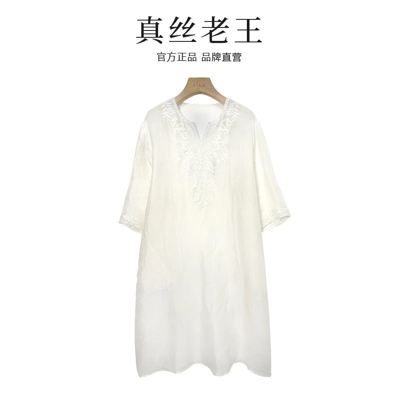 【油画栀子】45%桑蚕丝55%麻连衣裙时尚宽松长裙舒适纯色丝麻 963