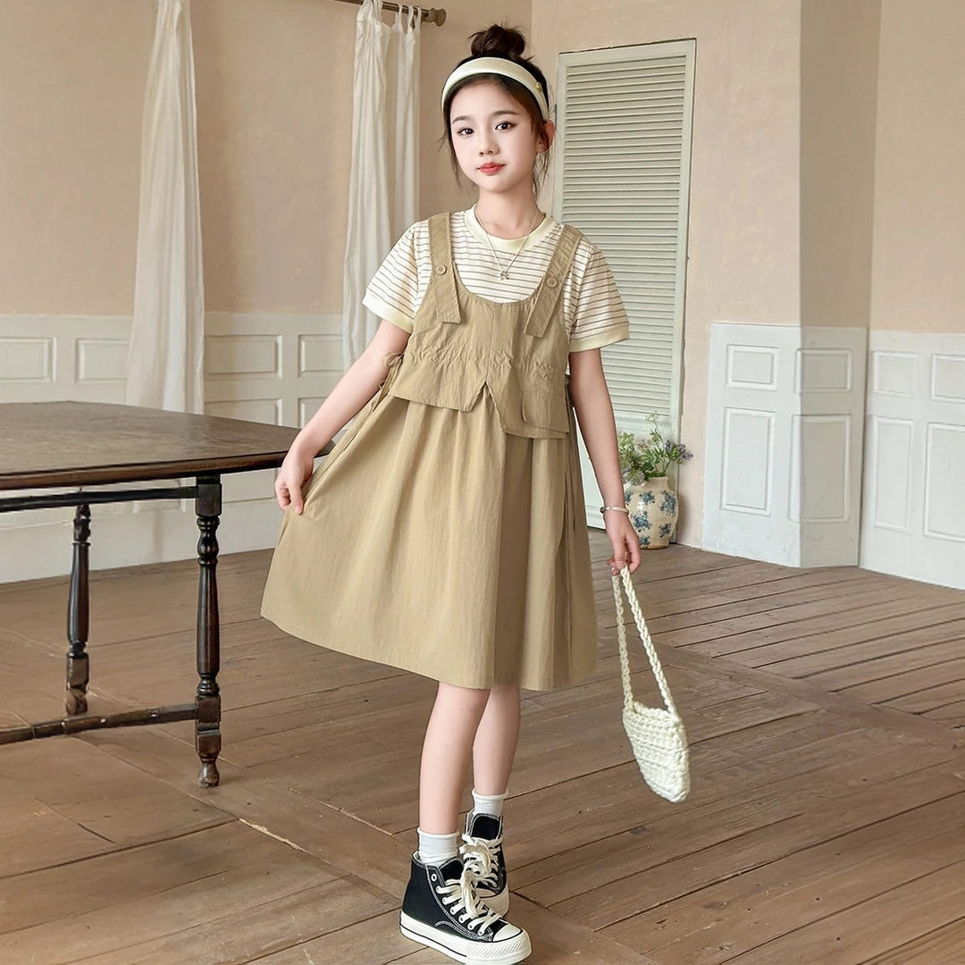 女童夏装连衣裙大童夏季假两件裙子韩版宽松洋气女童连衣裙女孩