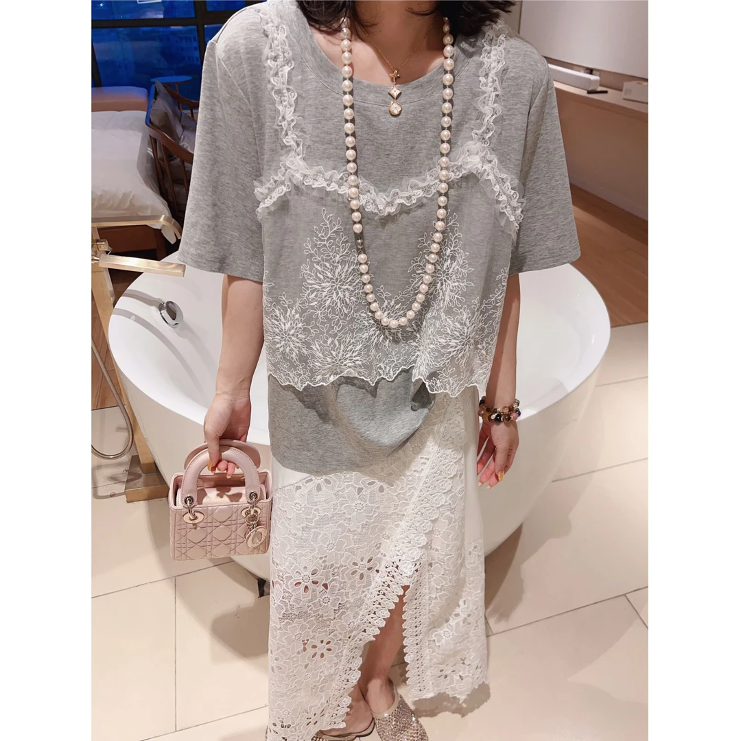 韩系拼接蕾丝显瘦短袖T恤女士夏季新款女宽松洋气百搭假两件上衣