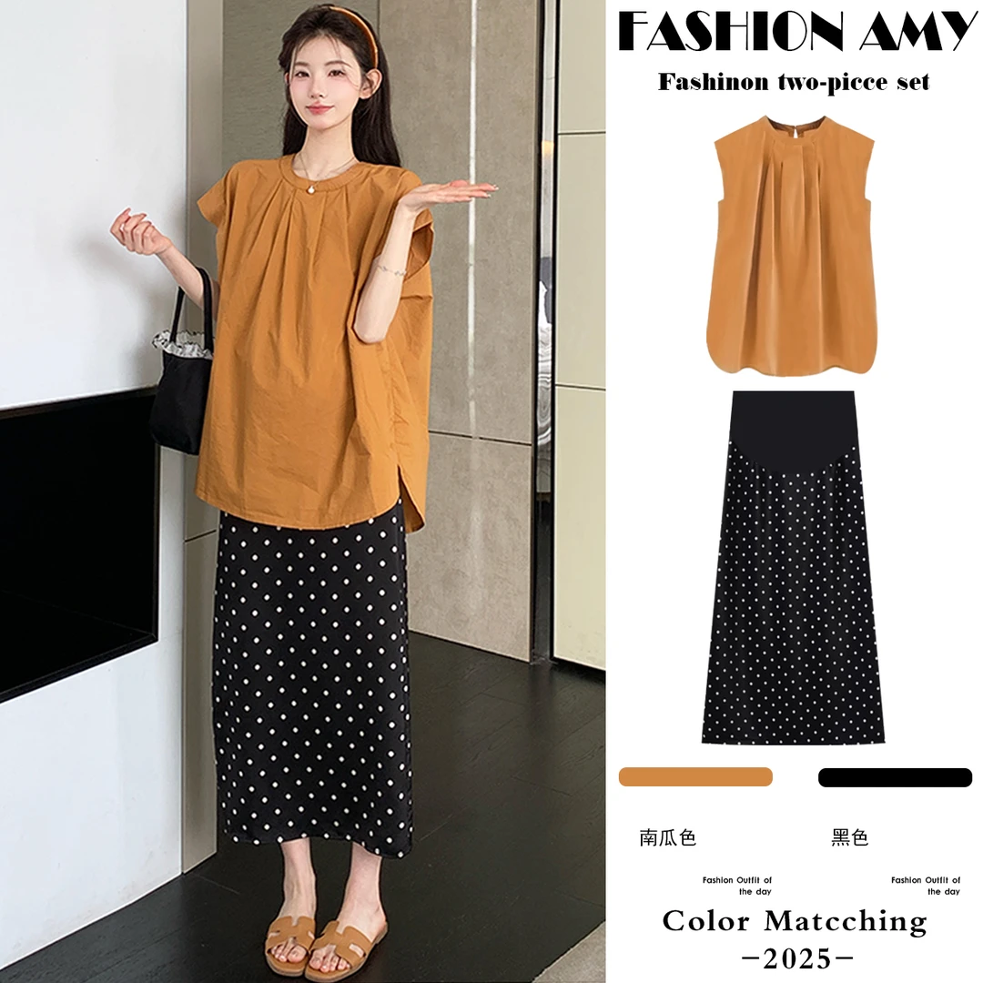 孕妇装夏季时尚韩系百搭宽松气质落肩衬衣托腹波点孕妈半身裙套装