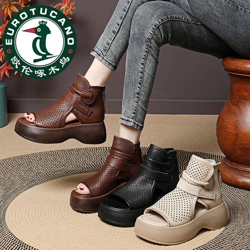 品牌2025夏款夏季后拉链复古英伦松糕底罗马凉靴镂空鱼嘴靴女凉鞋