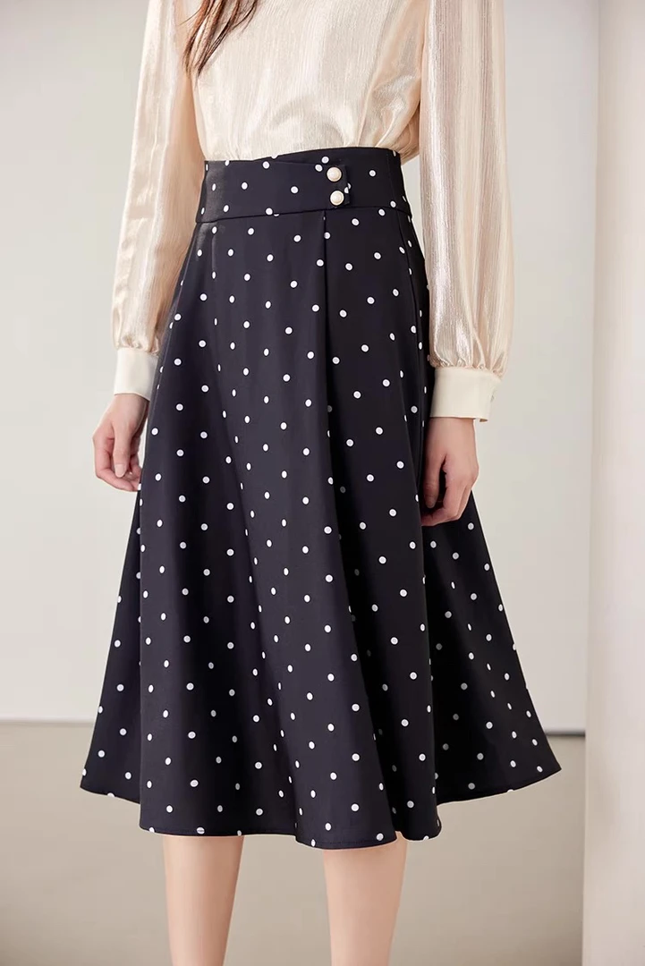 〔怡怡家〕高腰显瘦波点中长款遮胯伞裙5299