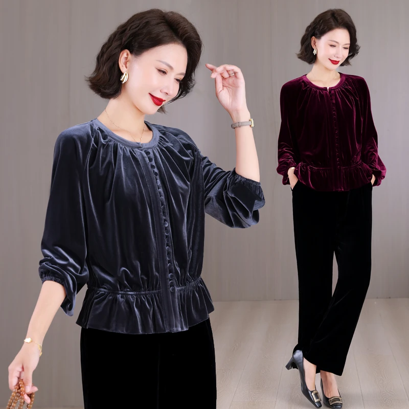 女装2025秋季新款妈妈装衬衫国风显瘦气质复古盘扣金丝绒大码套装