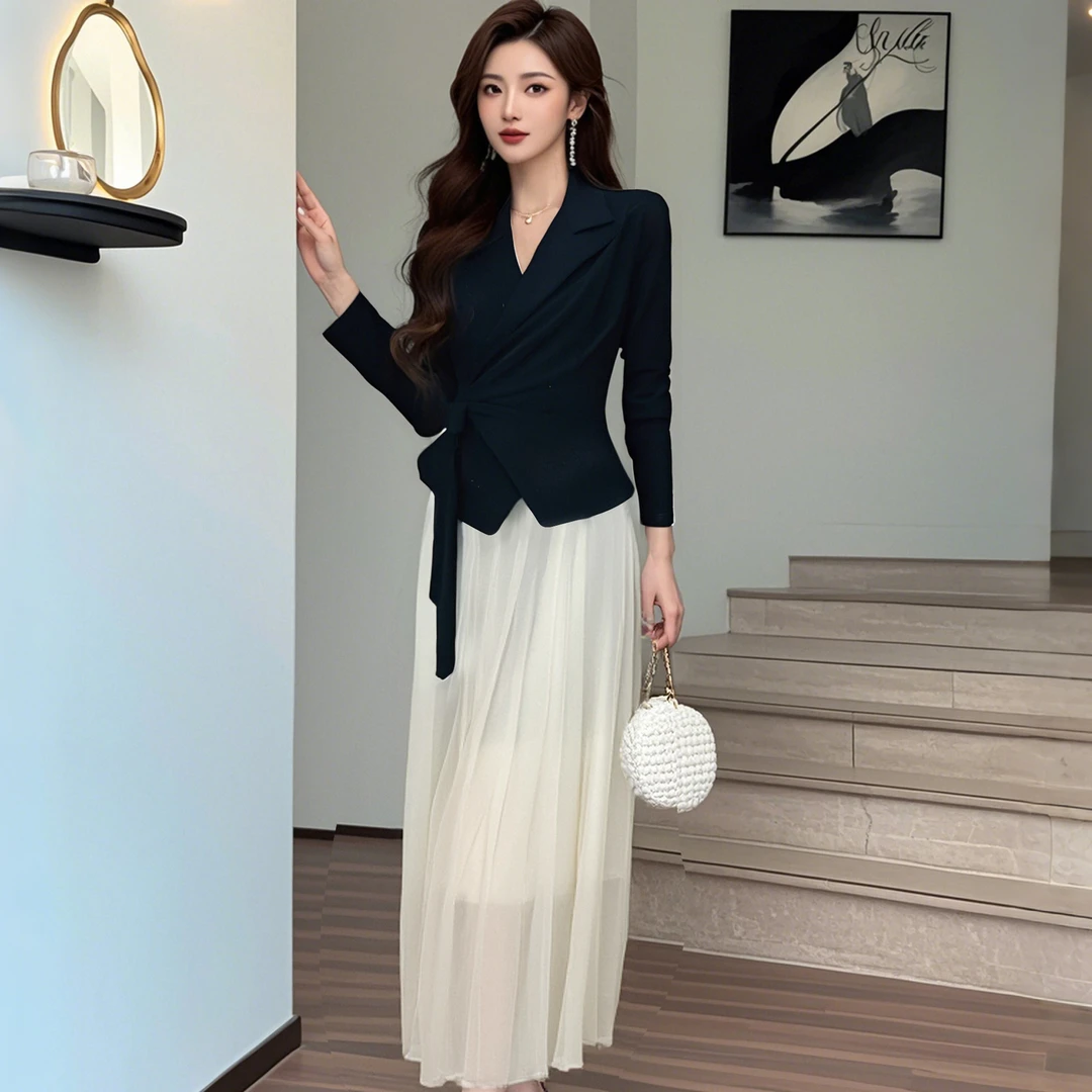 A【两件套】【有内衬】春季时尚百搭优美女神大裙摆上衣+半身裙D0481
