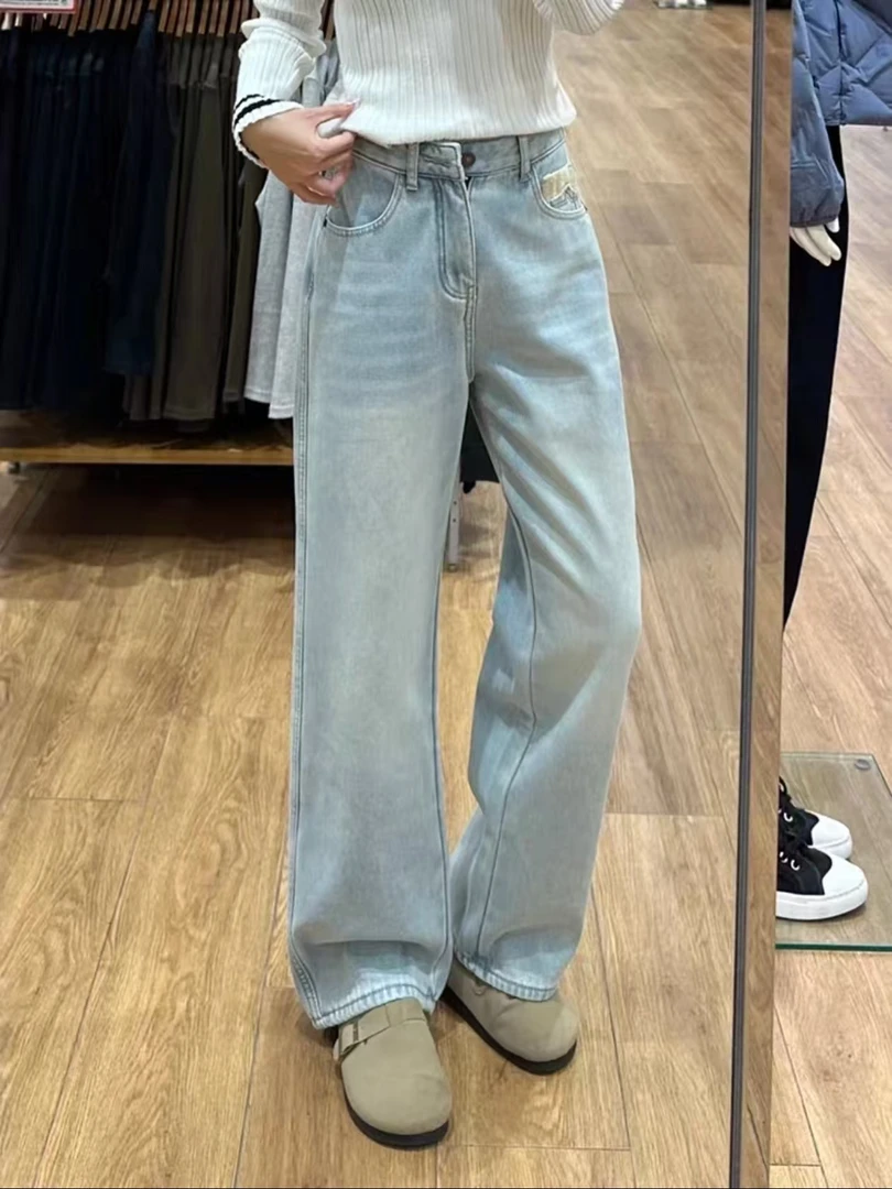 【占】浅蓝阔腿加绒牛仔裤女2025冬季显瘦直筒拖地裤