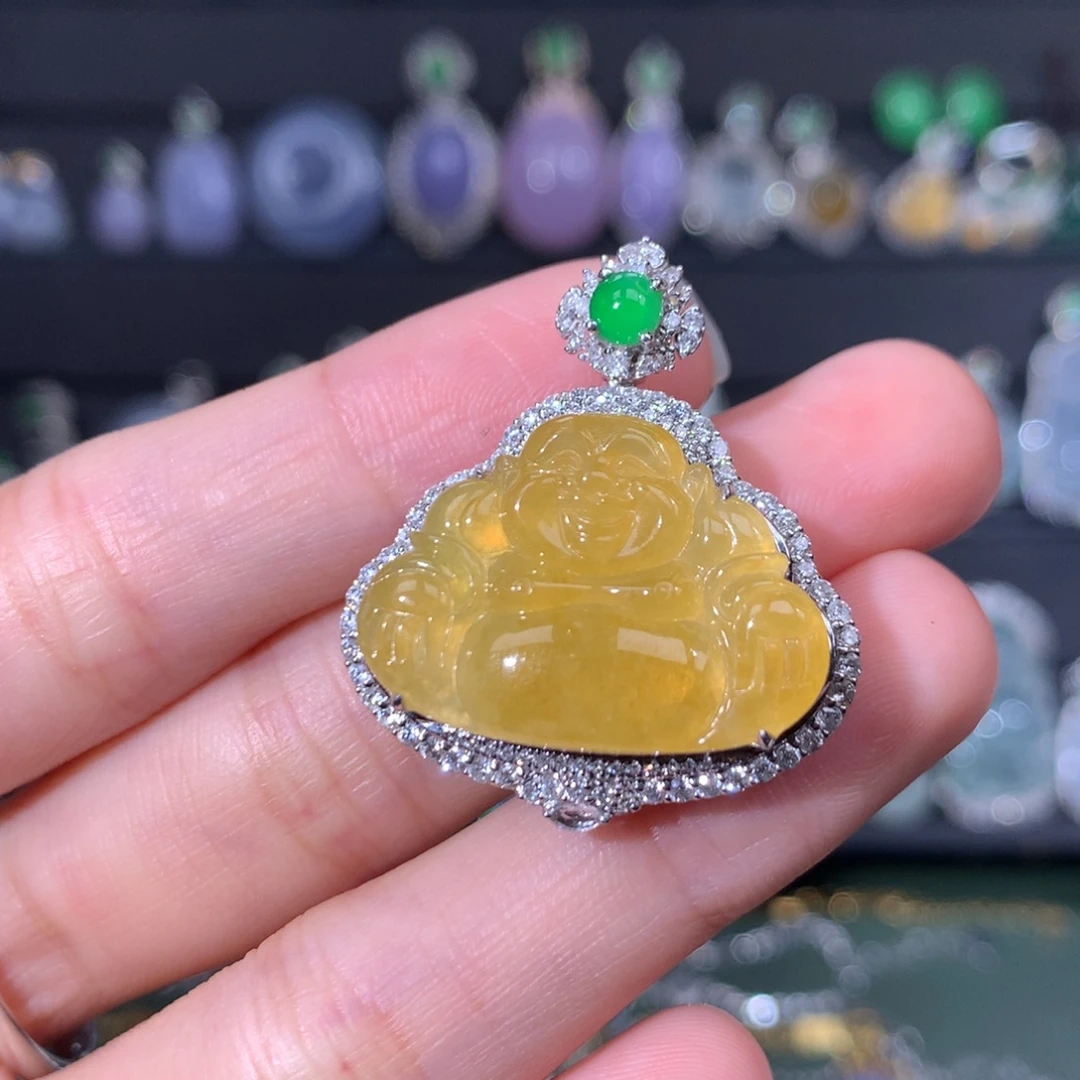 翡翠18K金镶嵌吊坠(不含链)黄翡佛公