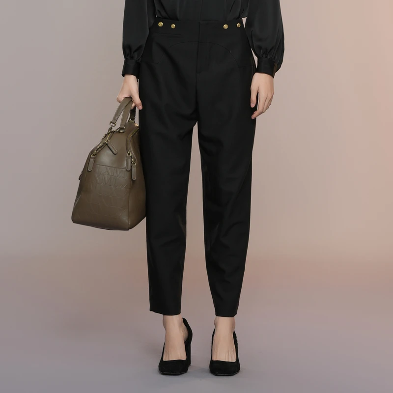 XG雪歌秋休闲裤高腰气质宽松时尚黑色干练气场女装