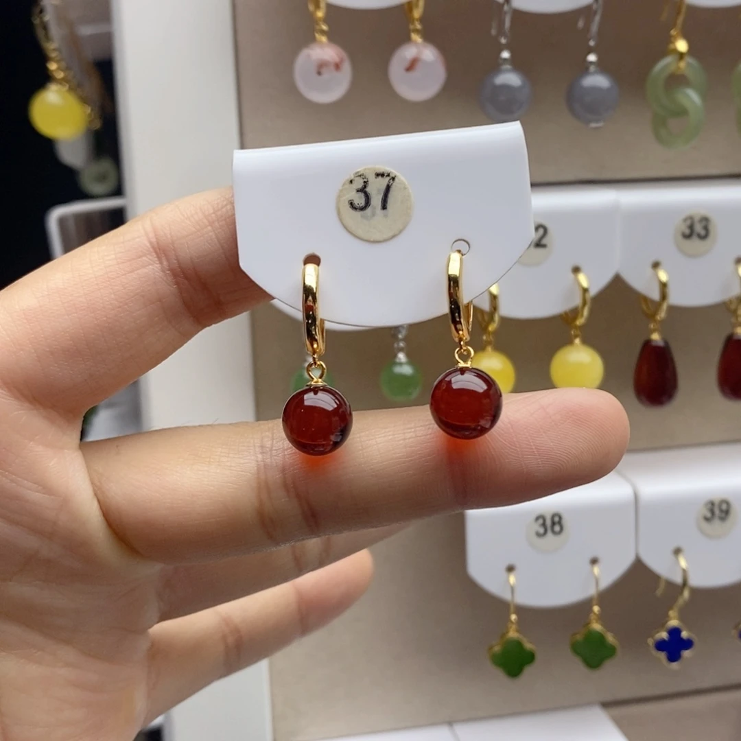 血珀银S925镶嵌耳饰