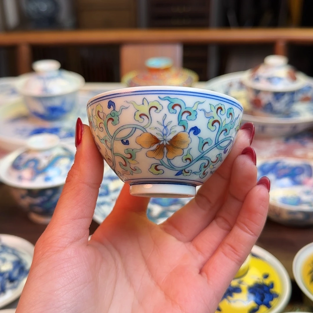 杯重工见山烧斗彩杯纯手绘