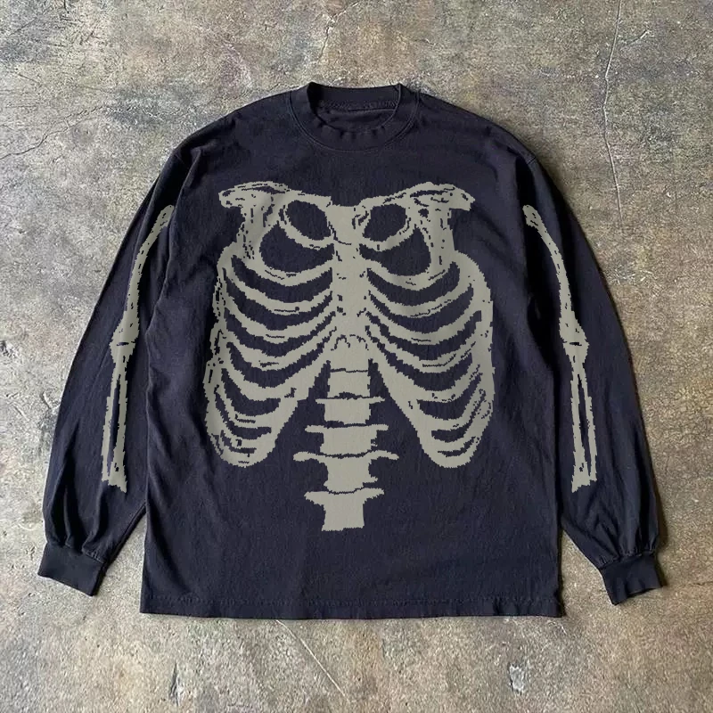 美式复古骷髅潮牌做旧美式街头风印花宽松260G重磅纯棉螺口长袖