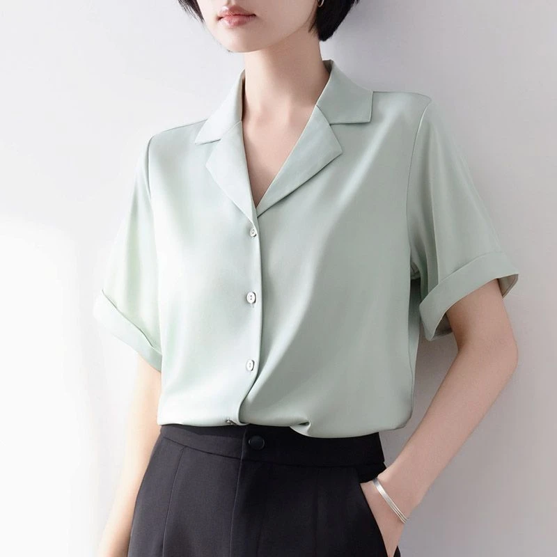 缎面西装领短袖衬衫女夏季职业装教师穿搭正装通勤上衣面试衬衣潮