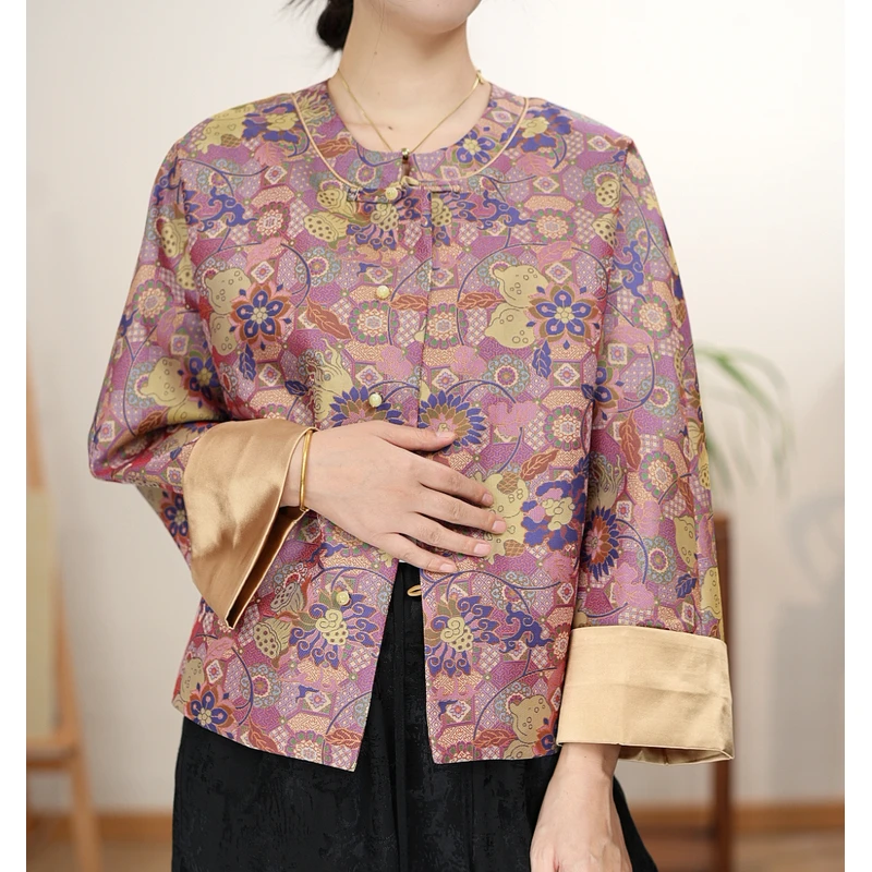 新中式气质复古圆领长袖常规款提花上衣