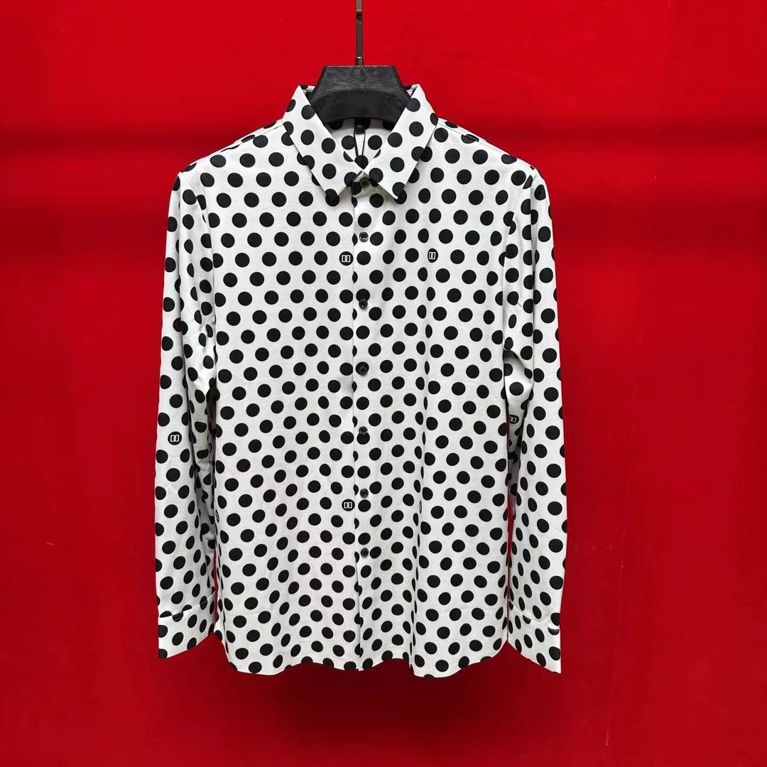 FLD男秋冬高品质欧货桑蚕丝绵羊毛波点印花无缝弹力潮流长袖衬衫