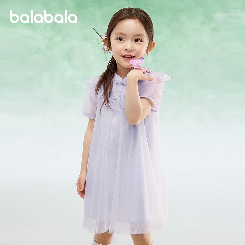 巴拉巴拉女童裙子儿童连衣裙2025新款夏中幼童改良云肩网纱裙国风