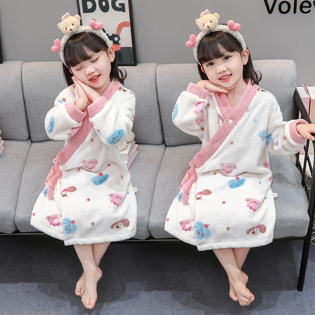 秋冬季儿童珊瑚绒睡衣女童浴袍女孩宝宝加厚法兰绒家居服可穿浴巾