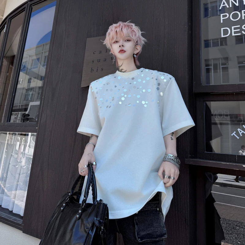 夏款高级感手工钉亮片垫肩短袖T恤男圆领设计感韩版重磅半袖t上衣