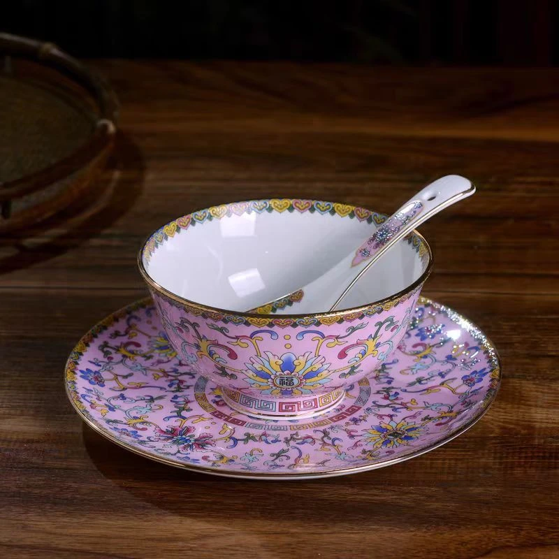 【8色合集】三件套-珐琅彩缠枝莲套组（4.5英寸碗+6英寸骨碟+小勺）