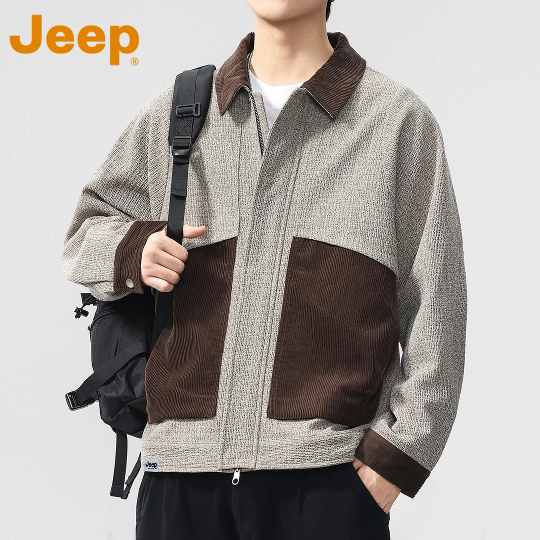 JEEP吉普灯芯绒拼接夹克男款春秋季2025新款宽松休闲百搭翻领外套