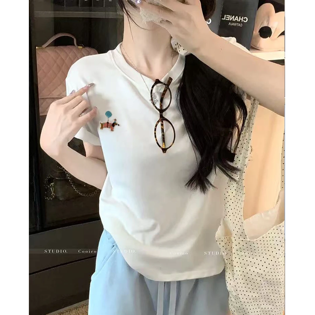 巨百搭圆领短袖柔软舒适 纯色套头气球小狗打底衫