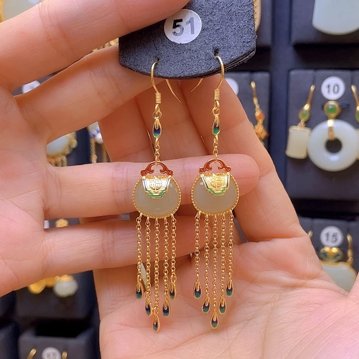 银S925镀金镶嵌和田玉耳饰