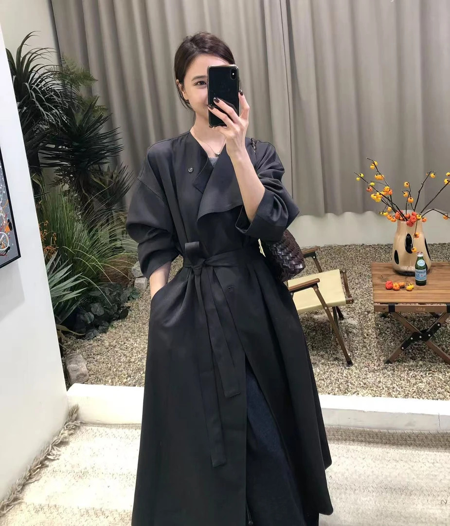西雅图风衣～英伦风系带收腰翻领长款纯色大版型知性外套气质大衣