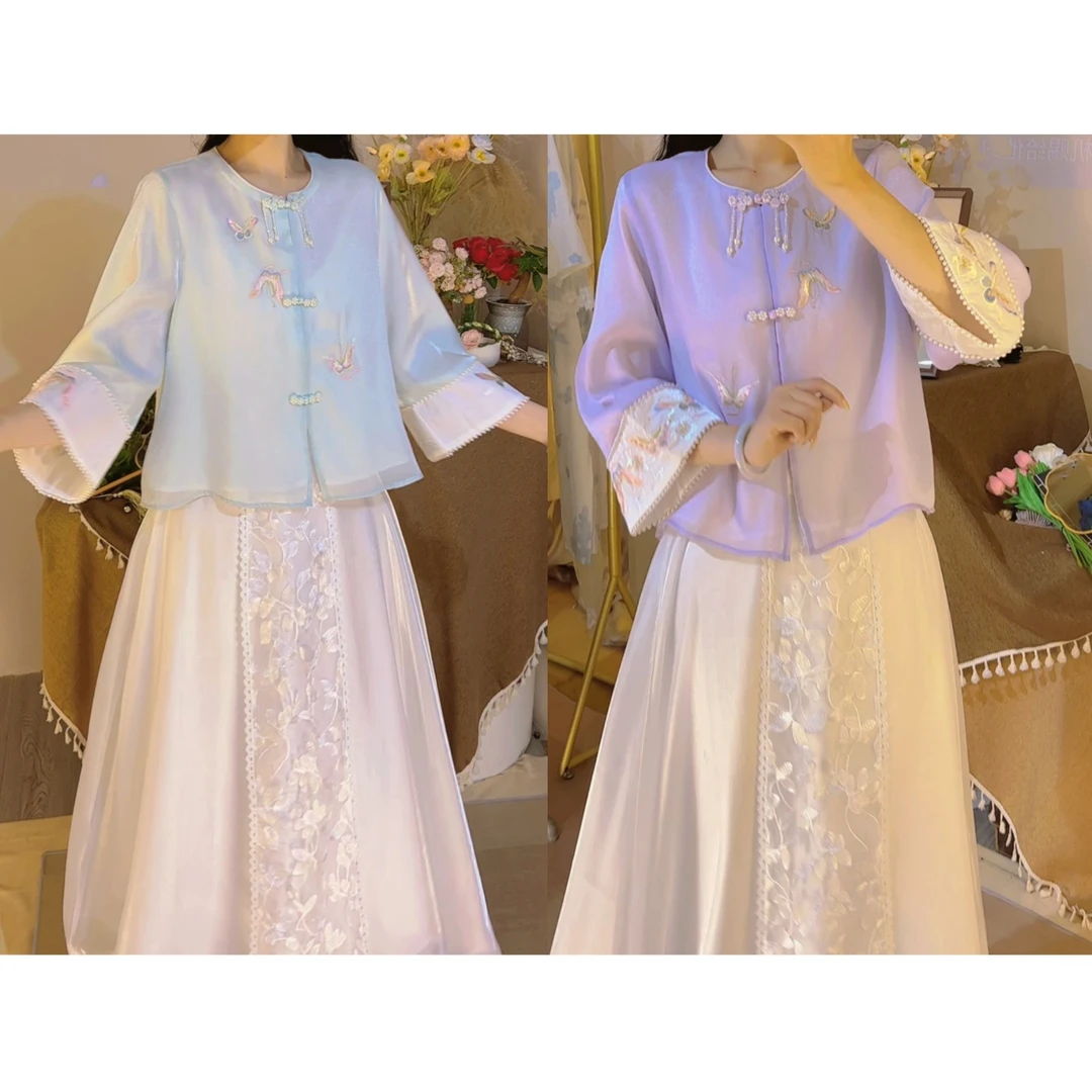 507壹夏季新款改良圆领盘扣古风新中式轻奢高级感刺绣圆领套装