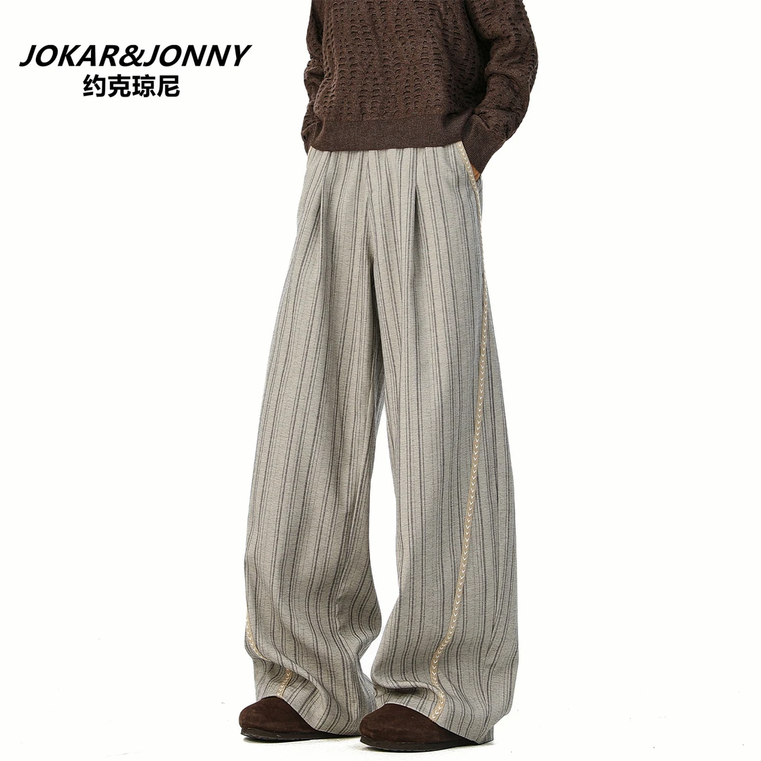 JOKAR&JONNY美式老风条纹休闲裤男女秋季潮牌垂感宽松阔腿长裤子