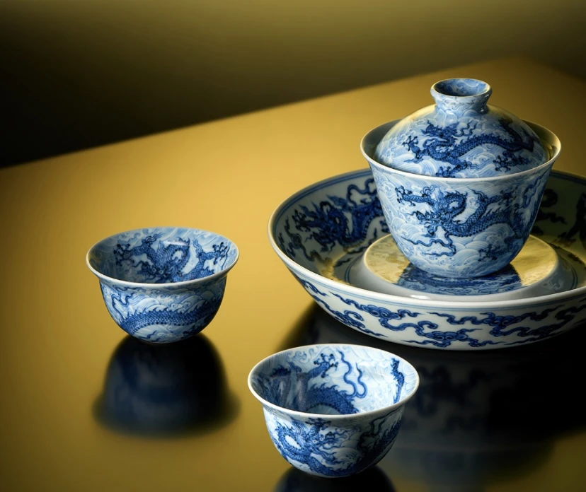 【神工妙造】小愚斋青花海水龙纹盖碗主人杯壶承手工景德镇高端茶器