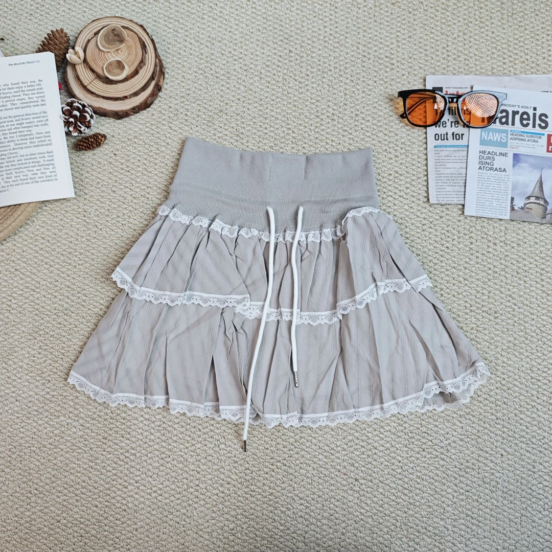 2025春季新款百搭休闲纯色蕾丝蛋糕抽绳短裙442