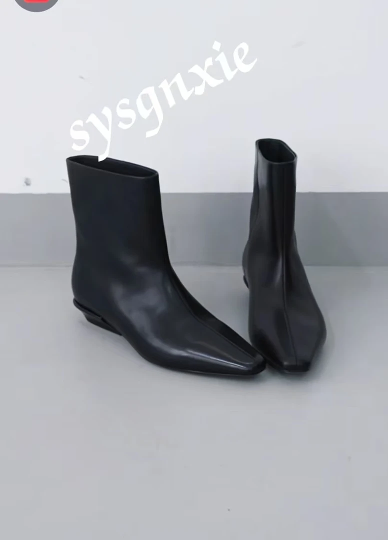 q秋冬新款法式气质低跟百搭方头一脚蹬套筒真皮短靴女