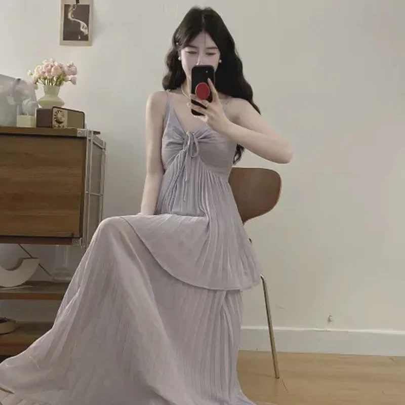 纯欲性感法式假两件收腰连衣裙女夏季海边度假小个子气质沙滩长裙