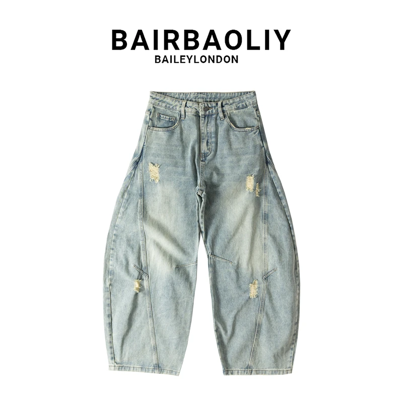 BAIRBAOLIY潮牌设计感美式弯刀牛仔裤男2025新款高街阔腿长裤