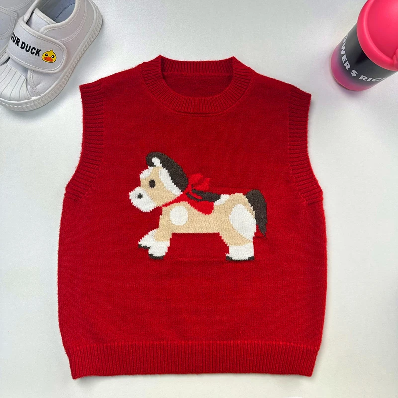 女童男童喜庆新年卡通毛衣针织衫韩系小马针织套头童装红色马甲