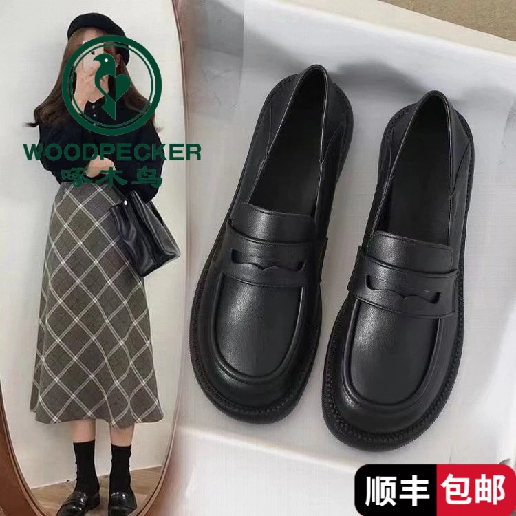 啄木鸟百搭女士皮鞋厚底乐福鞋女鞋2025新款英伦风一脚蹬小粗跟单