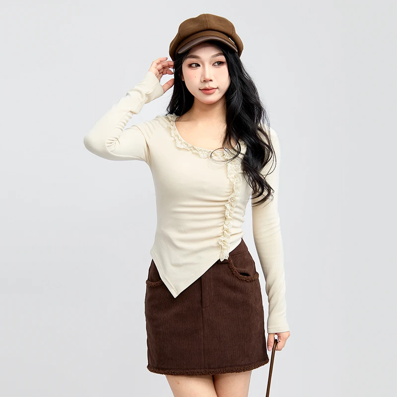 三福 冬季蕾丝收褶拼接不对称下摆显瘦百搭时尚T恤496271