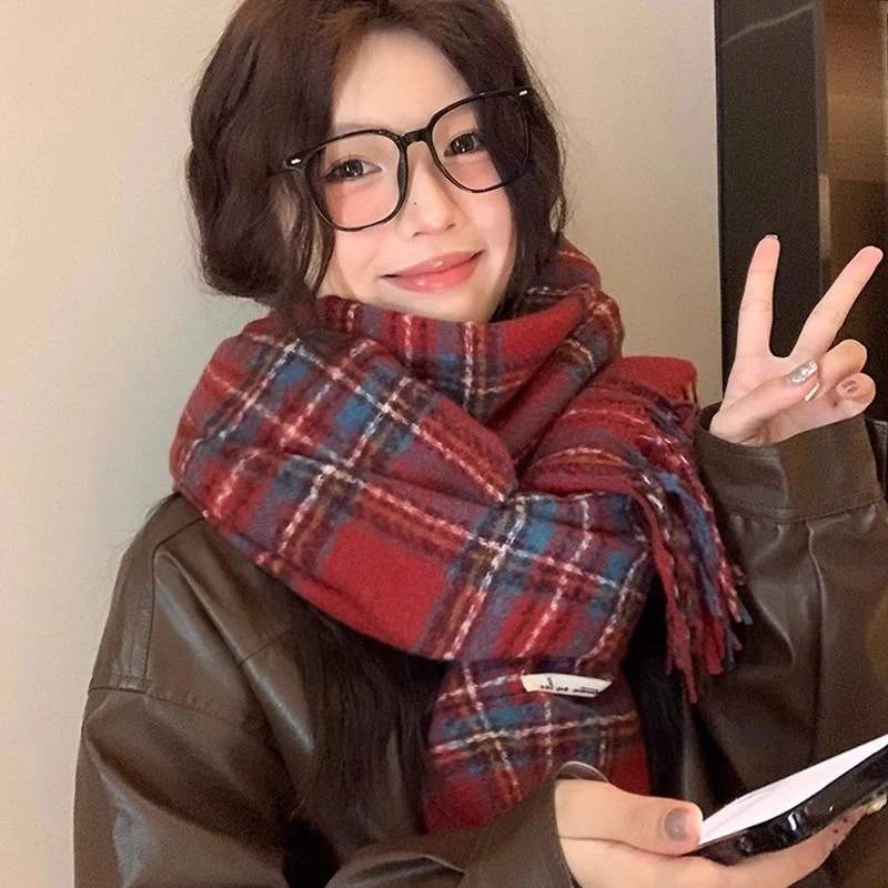 4512-红色格子围巾女ins节日氛围加厚保暖新年礼物学生圣诞红围脖