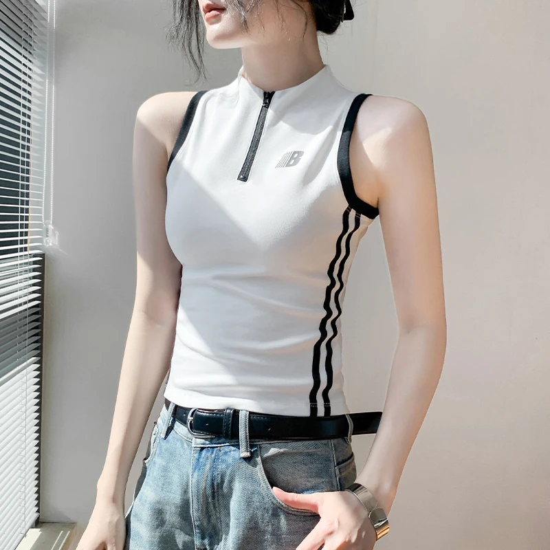 美式拉链字母印花无袖背心女2025春季新款别致修身辣妹外穿上衣